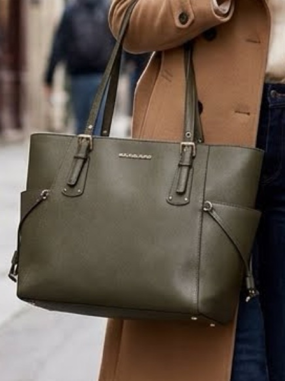 Michael Kors Voyager Crossgrain Leather Large Tote Bag Truffle Gray